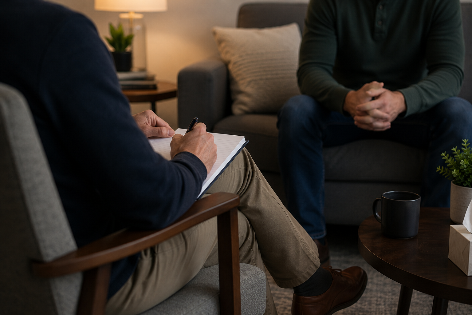 A counselor taking notes during an individual therapy session
